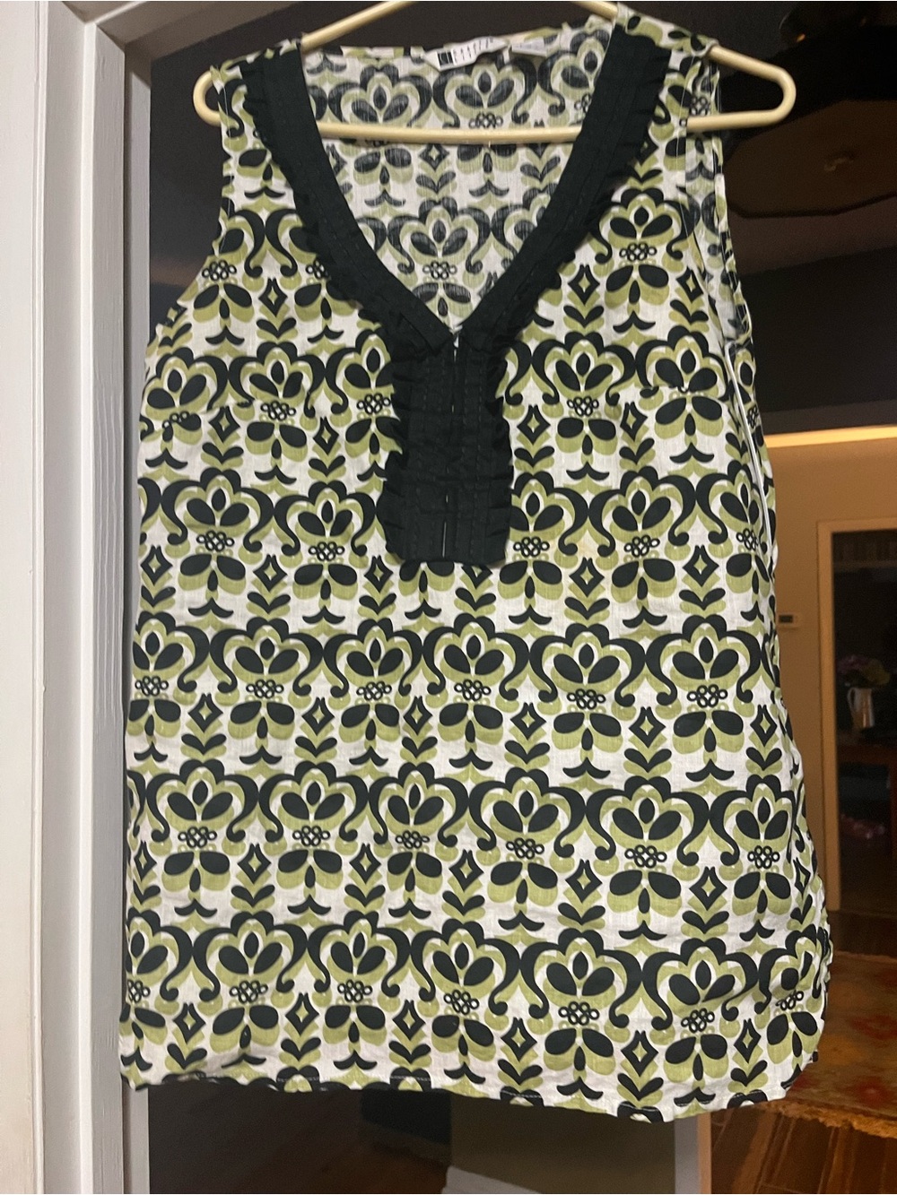 Carole Little Olive and Black Printed V-Neck Camisole with ruffled detail